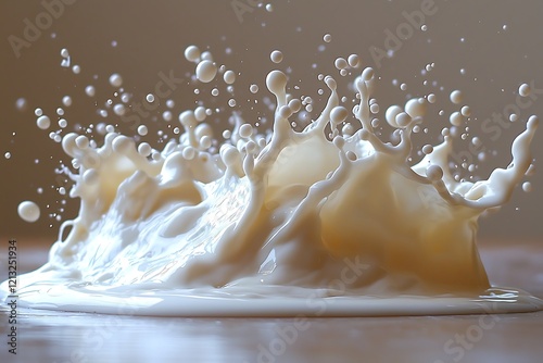 Milk splattering against a white surface, creating a dynamic and fresh effect.