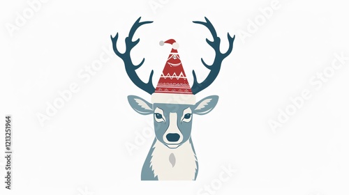 Festive Reindeer with Santa Hat Flat Vector Illustration photo