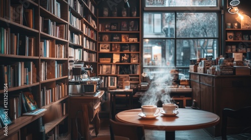 Cozy Bookstore Cafe: Steam Rising from Two Cups of Coffee in a Book-Lined Haven