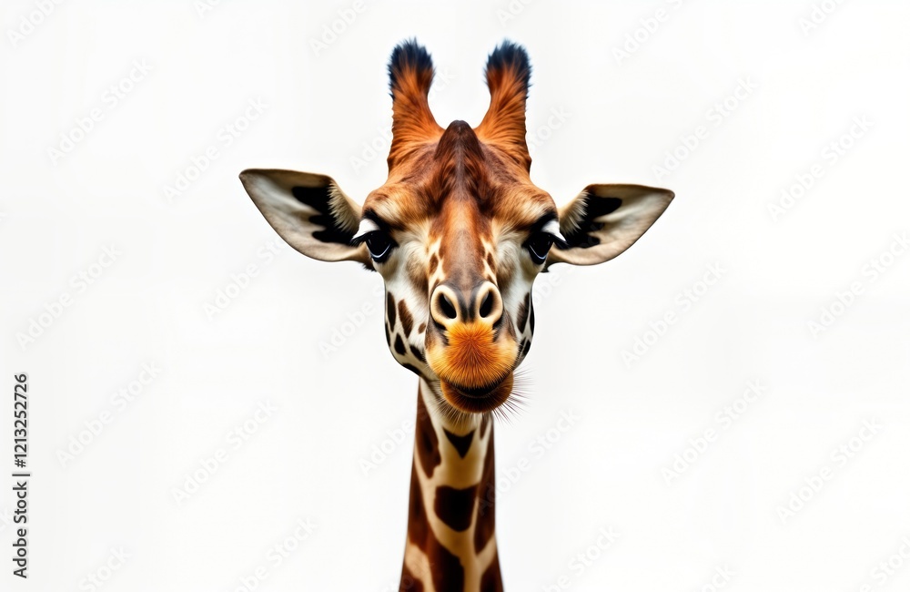 Obraz premium Funny giraffe face close up on white background. Cute animal portrait. High quality AI generated image shows giraffe head. Giraffe with funny expression looking directly at viewer. Perfect for zoo,