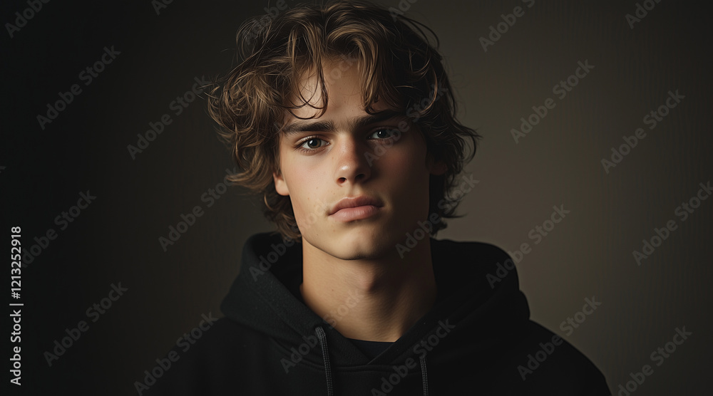 A portrait of an attractive young man with wavy hair, wearing casual clothes and standing against a neutral background. He is looking directly at the camera, black hoodie. A portrait of an attractive young man with wavy hair, wearing casual clothes and standing against a neutral background. He is looking directly at the camera, black hoodie.