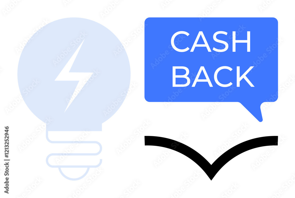 Light bulb with lightning bolt inside alongside a cash back speech bubble and curved arrow. Ideal for finance, rewards, electricity, energy-saving, innovation, investment, and marketing concepts Light bulb with lightning bolt inside alongside a cash back speech bubble and curved arrow. Ideal for finance, rewards, electricity, energy-saving, innovation, investment, and marketing concepts