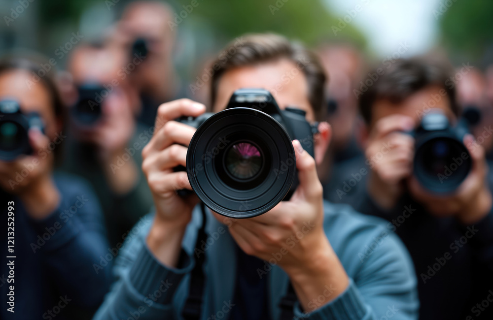 Group of photographers aim cameras at viewer. Photojournalists focus on event. Mass media attention. Contemporary photo of press. Event coverage. Intense media attention. Group of photographers aim cameras at viewer. Photojournalists focus on event. Mass media attention. Contemporary photo of press. Event coverage. Intense media attention.