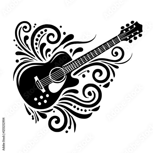 Acoustic Guitar with Floral Design: Black and White Music Art Print