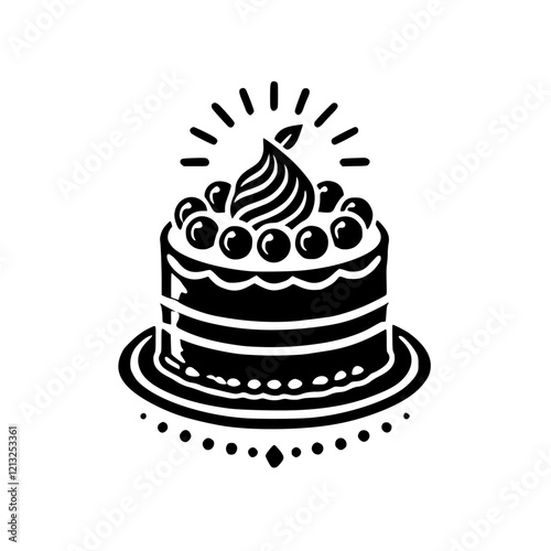 A delectable black and white illustration of a cake adorned with blueberries and whipped cream, perfect for bakeries, dessert shops, and food blogs.