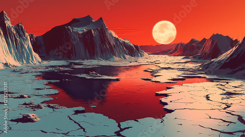 Barren lifeless earth cracked landscape under harsh red sky world ending concept. Arctic Desert. Illustration