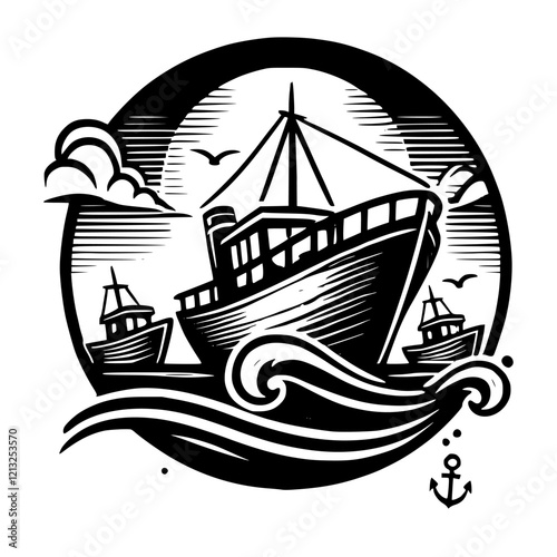 Majestic Ocean Vessel: A Black and White Nautical Illustration.  A captivating monochrome artwork depicting a ship sailing on a wavy sea under a cloudy sky. Perfect for nautical-themed projects.