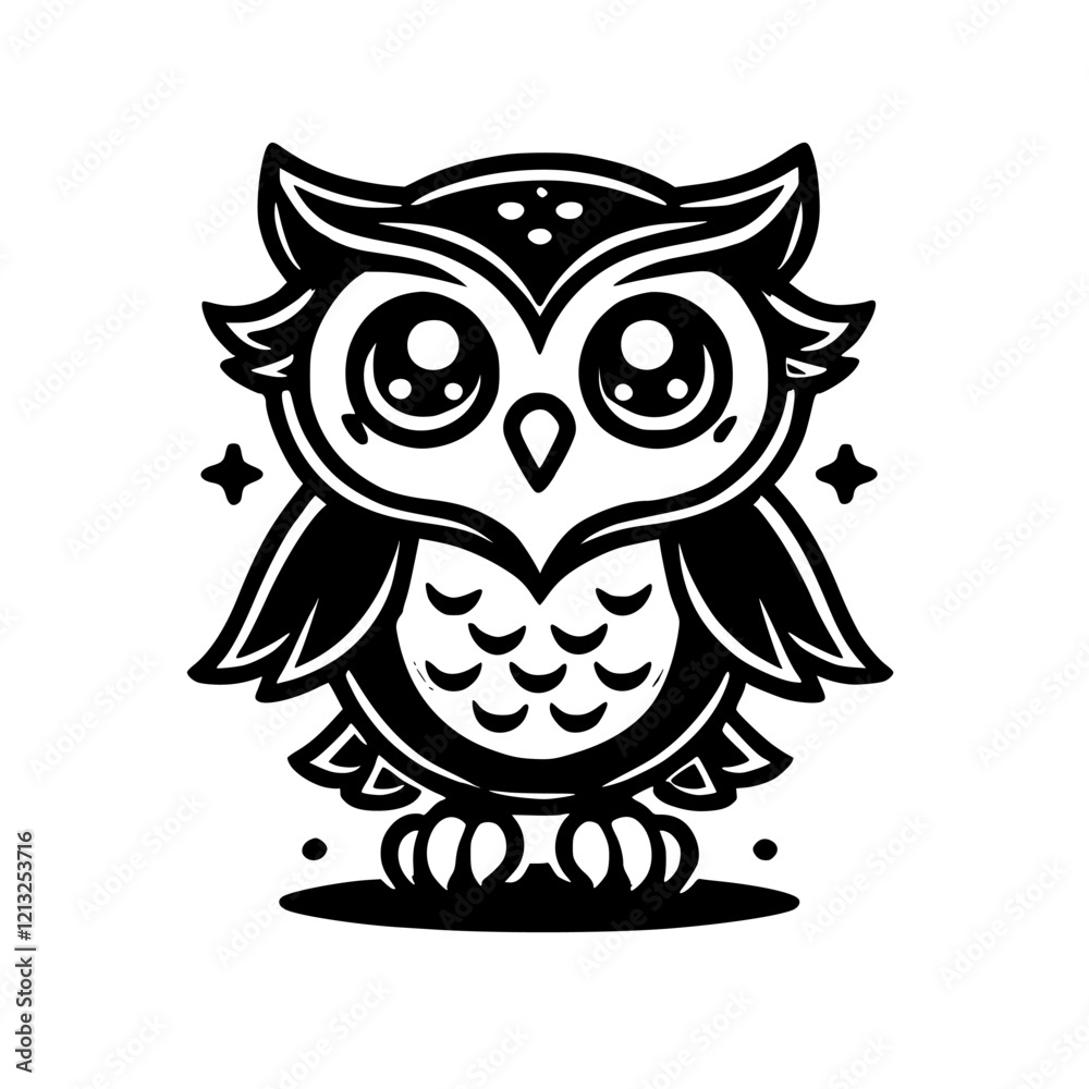 Fototapeta premium Adorable Kawaii Owl: Black and White Illustration of a Cute Baby Owl. Perfect for children's books, cards, and more!