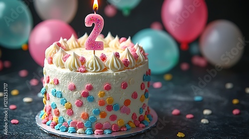 Number 2 candle on a second-year birthday or anniversary cake celebration with balloons and party decoration as banner with copy space area