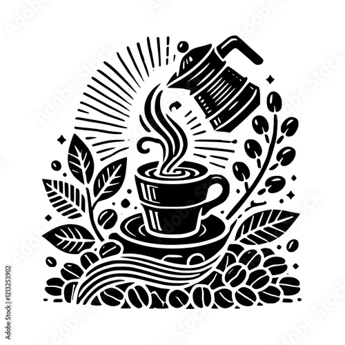 Coffee Beans and Cup Illustration: A Vintage Style Design. Perfect for coffee shops, cafes, and coffee lovers. This illustration showcases the rich aroma and warmth of a freshly brewed cup of coffee.