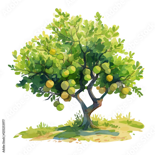Natal Plum Tree with Fruit – Watercolor Illustration, Tropical Botanical Artwork, Lush Green Foliage with Ripe Natal Plums, Vibrant Digital Painting  

