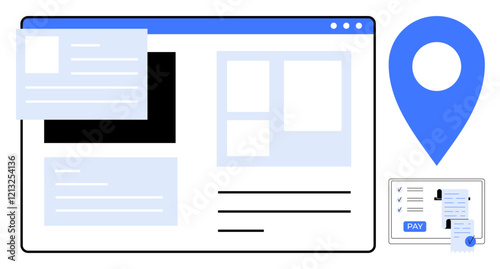 Website layout with interactive elements, location pin, online payment screen. Ideal for e-commerce, digital marketing, online services, web development, user experience, payment systems navigation