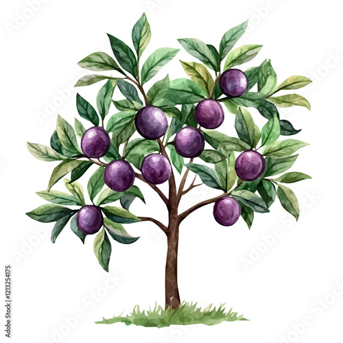 Natal Plum Tree with Fruit – Watercolor Illustration, Tropical Botanical Artwork, Lush Green Foliage with Ripe Natal Plums, Vibrant Digital Painting  
