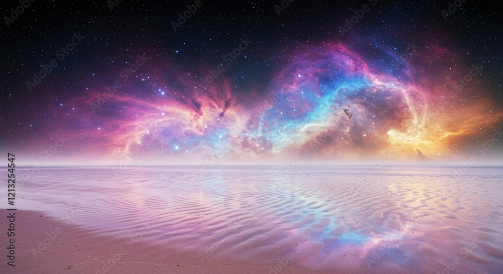 Obraz premium A surreal beach with glowing sand and a horizon filled with colorful nebulas