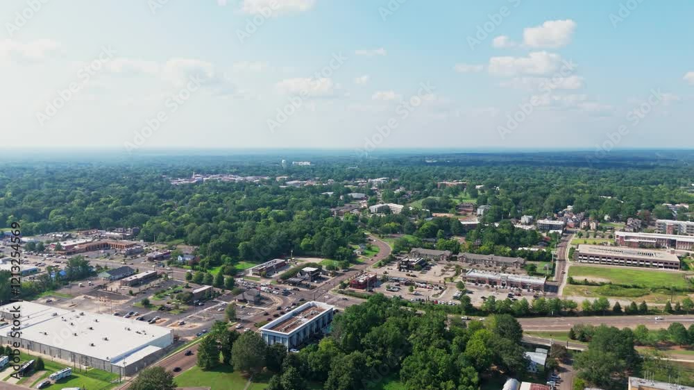 Busy Summer Day in Downtown Starkville, Mississippi – Aerial Drone View Busy Summer Day in Downtown Starkville, Mississippi – Aerial Drone View