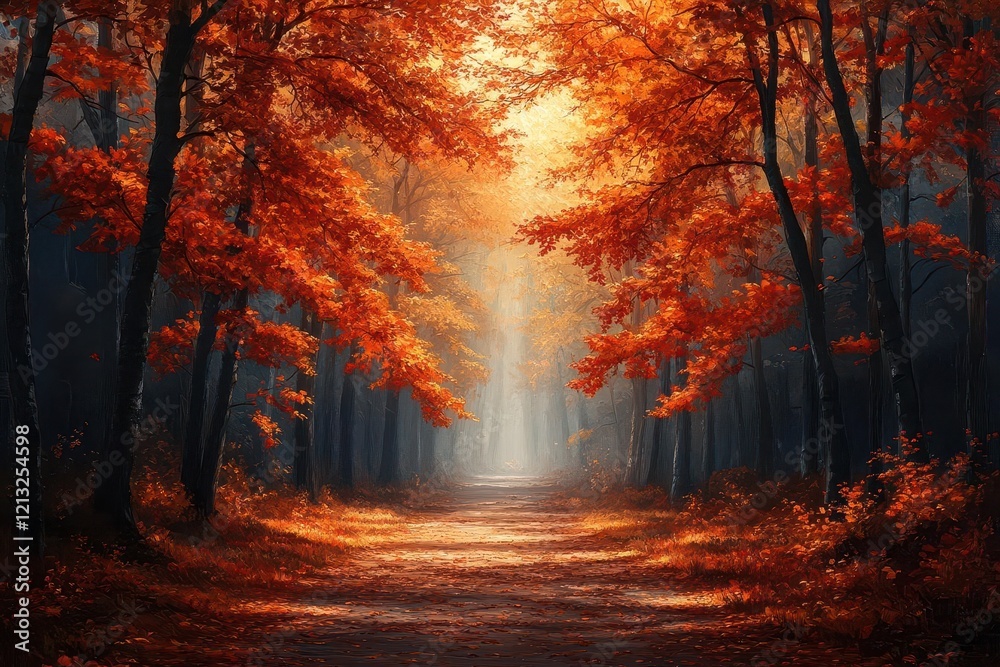 ethereal autumn forest path at golden hour sunbeams filtering through misty crimson and amber leaves impressionistic oil painting style with rich textures ethereal autumn forest path at golden hour sunbeams filtering through misty crimson and amber leaves impressionistic oil painting style with rich textures