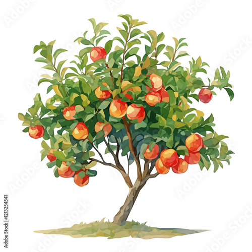 Nectarine Tree with Fruit – Watercolor Illustration, Vibrant Orchard Scene, Lush Green Foliage with Ripe Nectarines, Botanical Digital Painting  
