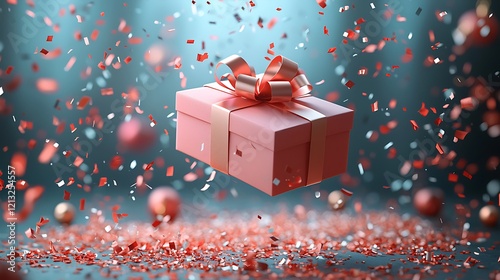 Paper art featuring a gift box falling from above, ideal for a holiday celebration theme.