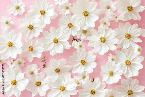 Elegant White Daisy Flowers Arranged on a Soft Pink Background for Feminine and Romantic Design Projects