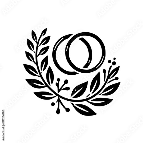 Wedding Rings and Floral Wreath: A Symbol of Everlasting Love and Commitment. Perfect for wedding invitations, save-the-dates, or romantic decor.