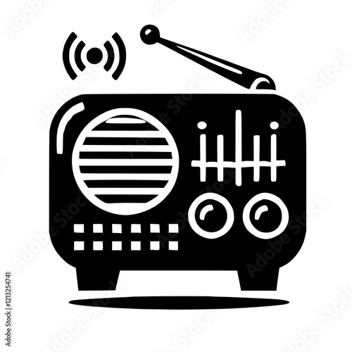 Vintage Radio: Retro Technology, Classic Audio Design. Black and white illustration of a vintage radio with antenna, representing classic communication and broadcast technology.