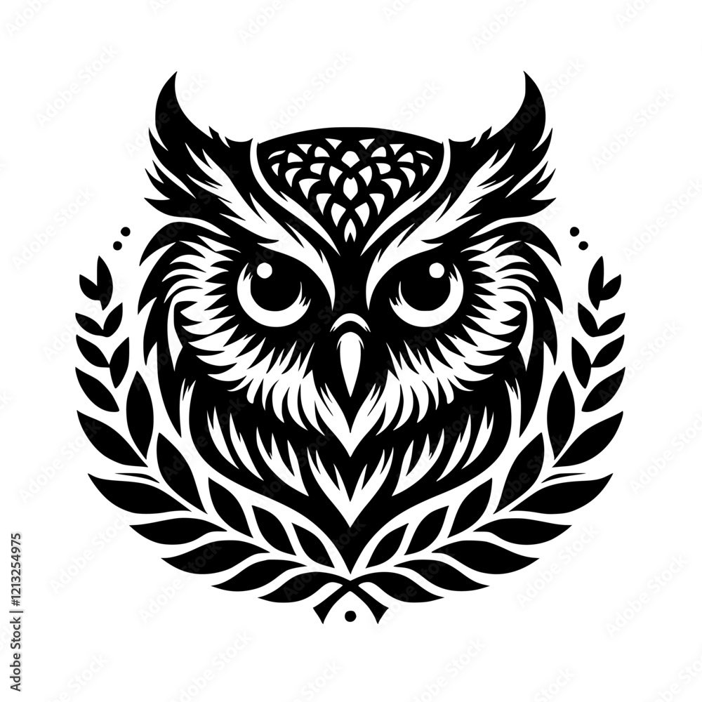 Obraz premium Majestic Owl: Black and White Ornate Bird Illustration. Perfect for tattoo designs, graphic resources, and nature-themed projects.