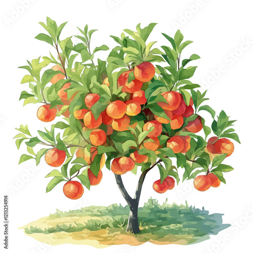 Nectarine Tree with Fruit – Watercolor Illustration, Vibrant Orchard Scene, Lush Green Foliage with Ripe Nectarines, Botanical Digital Painting  
