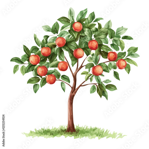 Nectarine Tree with Fruit – Watercolor Illustration, Vibrant Orchard Scene, Lush Green Foliage with Ripe Nectarines, Botanical Digital Painting  
