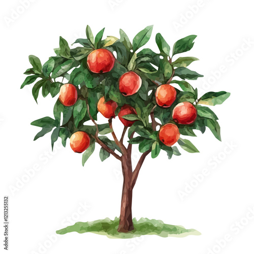 Nectarine Tree with Fruit – Watercolor Illustration, Vibrant Orchard Scene, Lush Green Foliage with Ripe Nectarines, Botanical Digital Painting  
