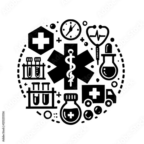 Medical Icons: Healthcare, Science, and Emergency Services. A visual representation of health, treatment, and wellness, encompassing various medical symbols and equipment.