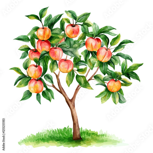 Nectarine Tree with Fruit – Watercolor Illustration, Vibrant Orchard Scene, Lush Green Foliage with Ripe Nectarines, Botanical Digital Painting  
