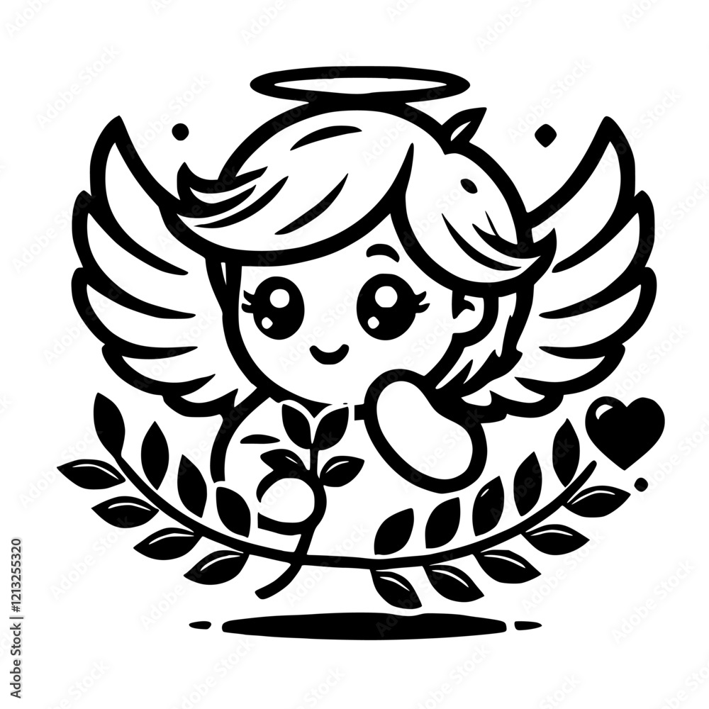 Fototapeta premium Adorable Angel with Halo and Wings: A Cute Kawaii Illustration of Peace, Love, and Hope