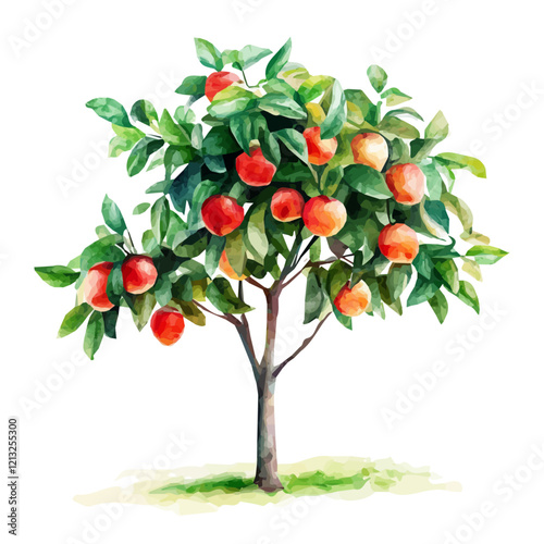 Nectarine Tree with Fruit – Watercolor Illustration, Vibrant Orchard Scene, Lush Green Foliage with Ripe Nectarines, Botanical Digital Painting  
