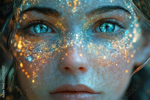 ethereal biomechanical android priestess with iridescent chrome skin flowing digital aura crystalline eyes surrounded by holographic mandalas and circuitry