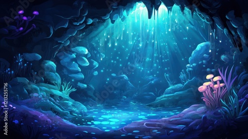 Enchanted Grotto: A mystical underwater cave brimming with bioluminescent flora and fauna, serene and magical. photo