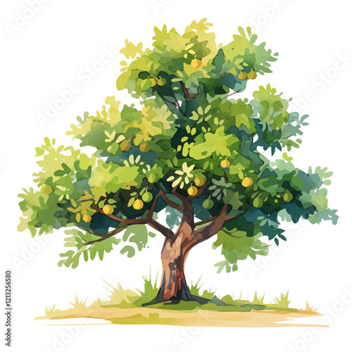 Nutmeg Tree with Fruit – Watercolor Illustration, Lush Green Canopy with Ripening Nutmegs, Botanical Art, Spice-Bearing Tree Painting  
