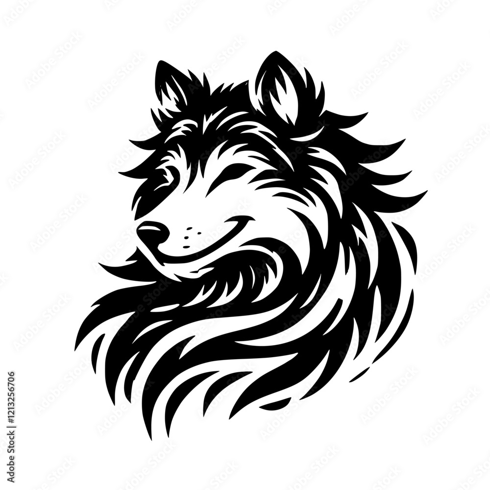 Obraz premium Smiling Wolf Head: Black and White Vector Graphic Art
