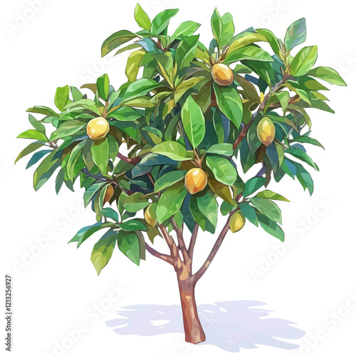 Nutmeg Tree with Fruit – Watercolor Illustration, Lush Green Canopy with Ripening Nutmegs, Botanical Art, Spice-Bearing Tree Painting  
