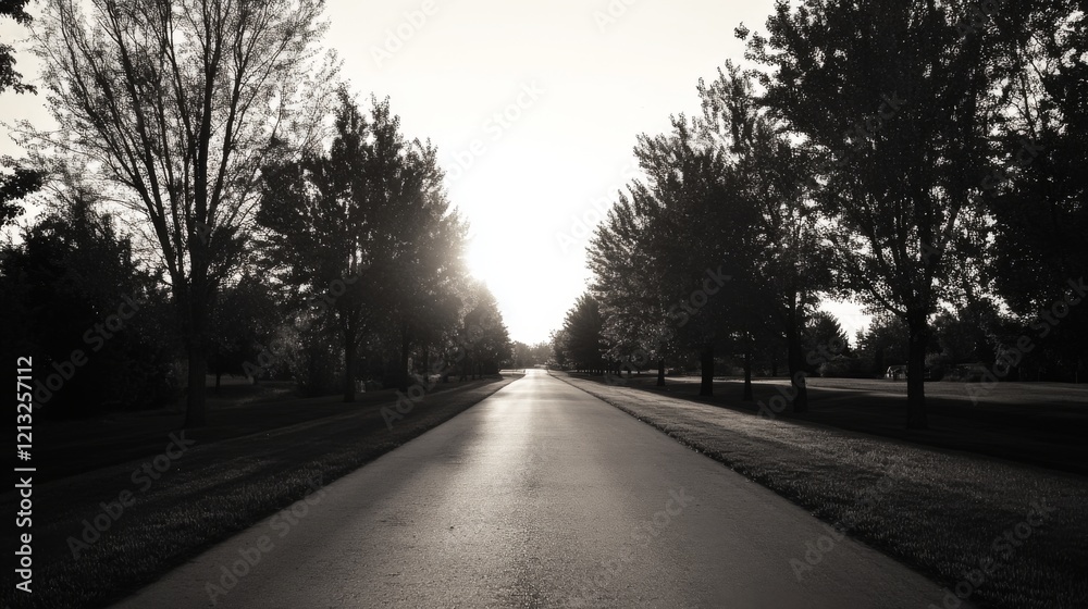 Sunlit road lined with trees in monochrome. Sunlit road lined with trees in monochrome.
