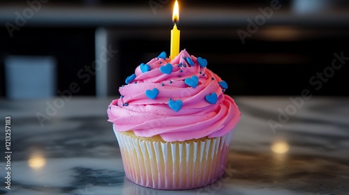 Pink Birthday Cupcake with yellow Candle and Blue Heart Sprinkles