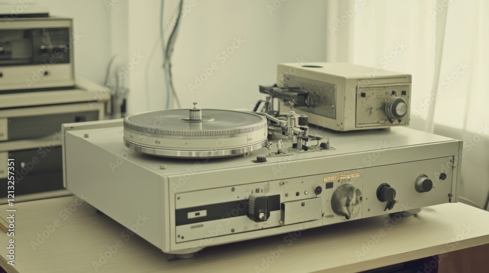 Obraz premium Vintage audio tape recorder on a table.