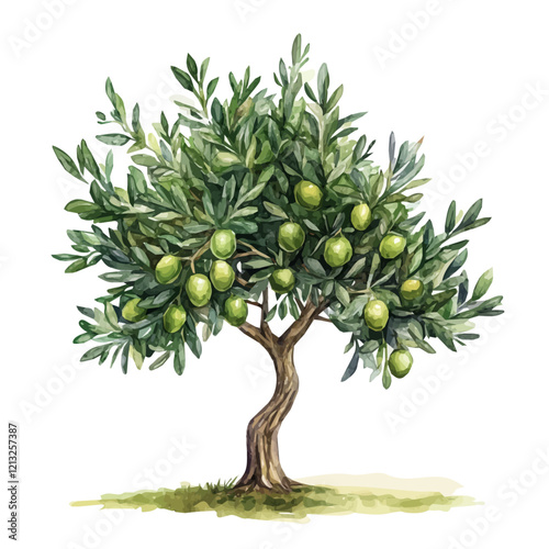 Olive Tree with Fruit – Watercolor Flat Vector, Serene Mediterranean Landscape, Verdant Foliage with Ripe Olives, Artistic Botanical Composition  
