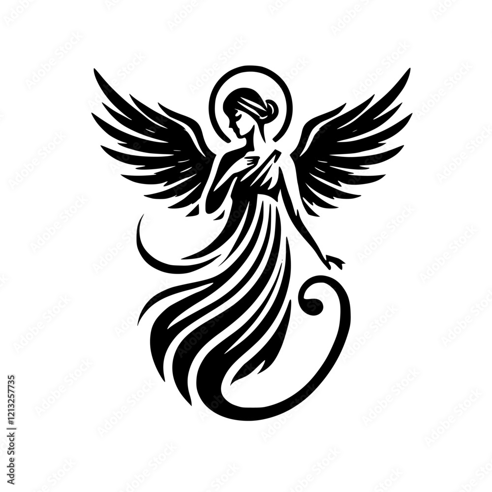 Obraz premium Seraph Angel: A Black and White Abstract Artwork Representing Faith, Spirituality, and Divine Grace. This symbolic illustration is a perfect blend of art and design.