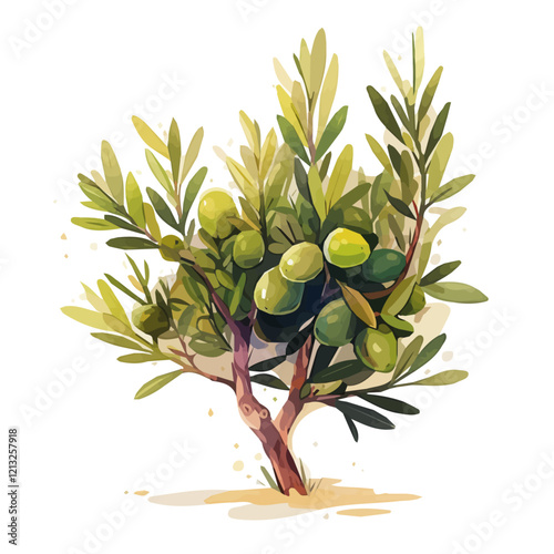 Olive Tree with Fruit – Watercolor Flat Vector, Serene Mediterranean Landscape, Verdant Foliage with Ripe Olives, Artistic Botanical Composition  
