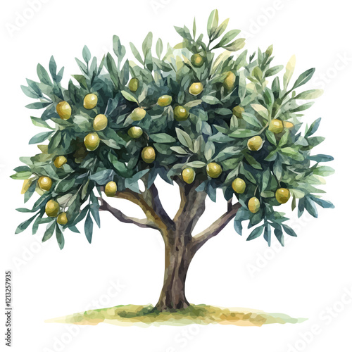Olive Tree with Fruit – Watercolor Flat Vector, Mediterranean Orchard Scene, Lush Green Leaves with Ripening Olives, Digital Botanical Illustration  
