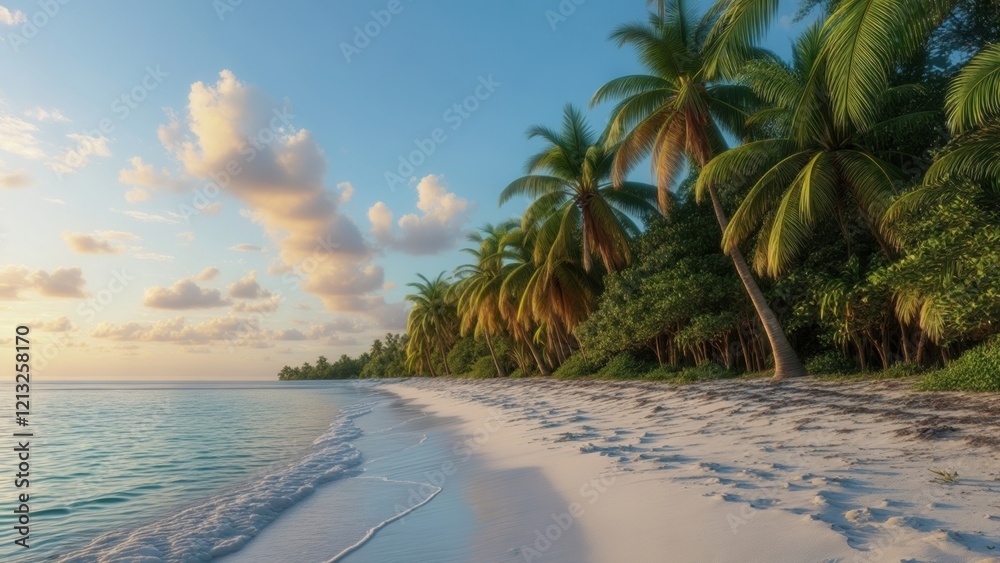 Obraz premium Beautiful tropical beach with white sand, palm trees, turquoise ocean against blue sky with clouds on sunny summer day. Perfect landscape background for relaxing vacation, island of Maldives.
