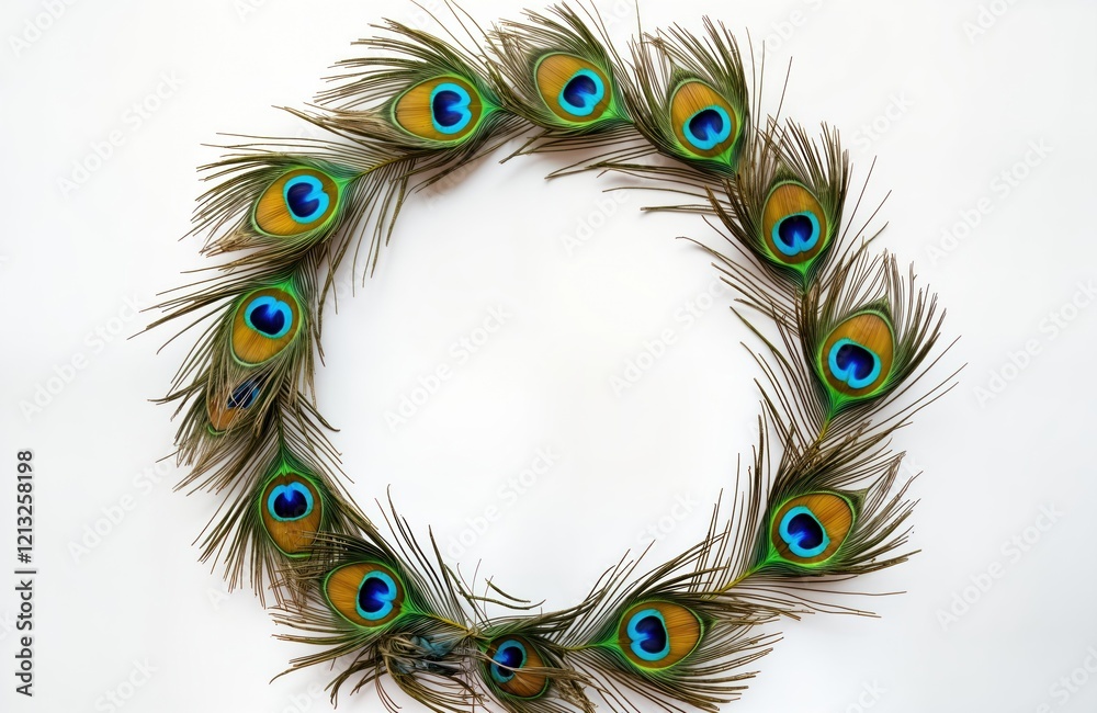 Obraz premium Peacock feathers arranged in circle against white background. Colorful feathers with vibrant turquoise blue, golden yellow eye spots. Natural beauty of exotic birds. Elegant decorative pattern.