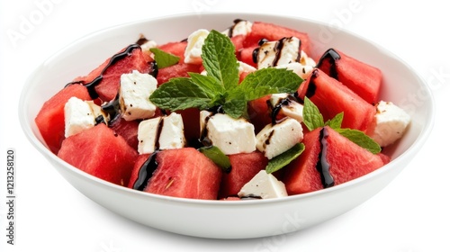 A refreshing bowl of watermelon feta salad with mint leaves and a drizzle of balsamic glaze, Each bite offering a perfect blend of sweet, tangy