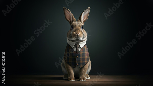 Ein eleganter Osterhase in karierter Weste und Hemd posiert vor einem dunklen Hintergrund. Stilvolles und edles Ostermotiv. Generative KI. photo