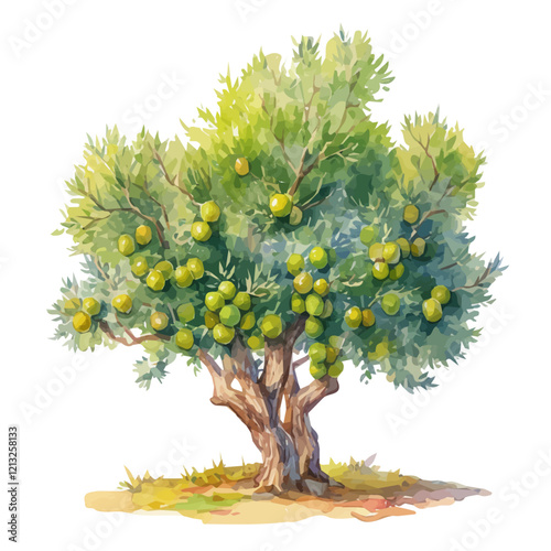 Olive Tree with Fruit – Watercolor Flat Vector, Mediterranean Orchard Scene, Lush Green Leaves with Ripening Olives, Digital Botanical Illustration  
